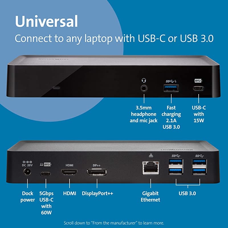 SD4700P USB-C or USB-A - 60W PD - Dual Display Docking Station with Power Delivery for Windows PC's, Surface Pro, Surface Laptops, and MacBooks - TAA Compliant (K38240NA)