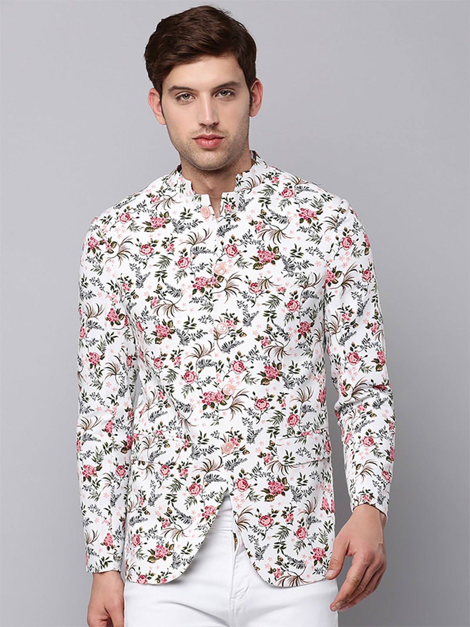 SHOWOFF White Cotton Slim Fit Floral Print Blazer