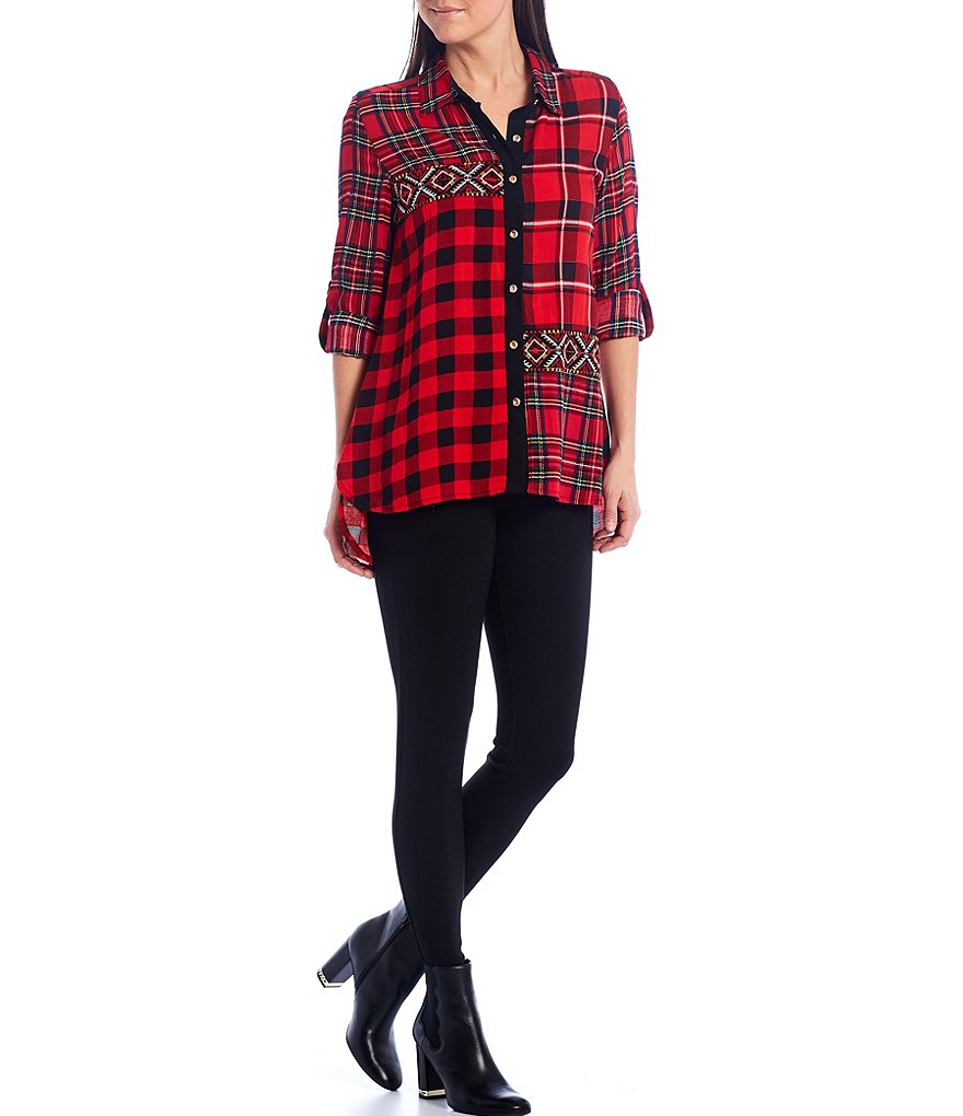 Calessa Petite Size Tartan Plaid Patchwork Embroidery Shirt