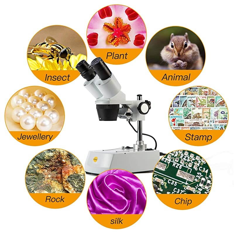 S306-20-2L 20X/40X/80X Magnification Forward Mounted 360&deg; Rotatable Binocular Stereo Microscope, Wide-field 10X and 20X Eyepieces, Upper and Lower LED Lighting,Reversible Black/White Stage Plate