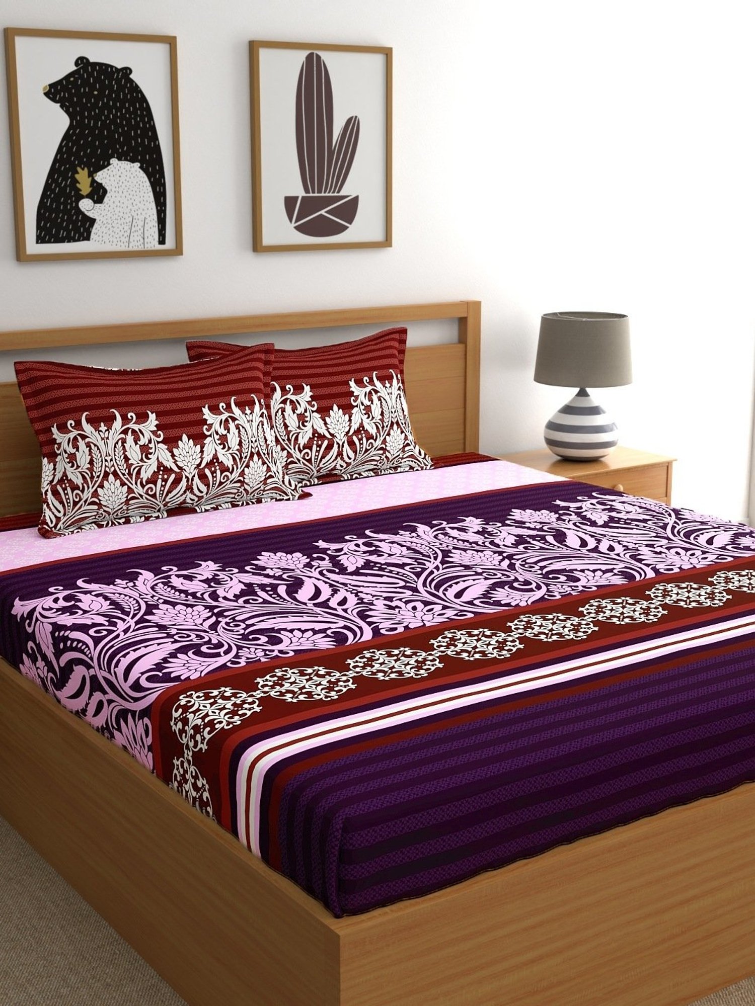 My Room Ethnic Purple 140 TC Cotton Queen Bed Sheet with 2 Pillow Covers