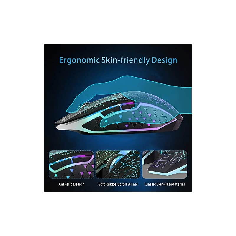 M2 Wireless Gaming Mouse Silent Rechargeable Optical USB Computer Mice Wireless with 7 Color LED Light Ergonomic Design 3 Adjustable DPI Compatible with LaptopPCNotebook 6 Buttons Black