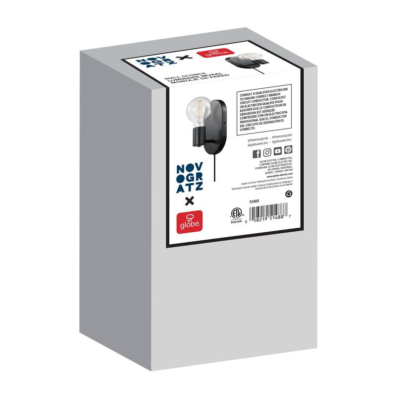 Linus 1-Light Matte Black Plug-In or Hardwire Wall Sconce - Novogratz x Globe