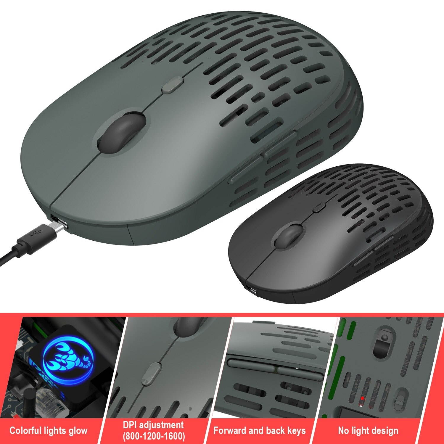1PCS 2020 New Wireless Light-Emitting Porous Gaming Model O Mouse Standard 2.4G Single Mode Charging Wireless Mouse Mute Mouse