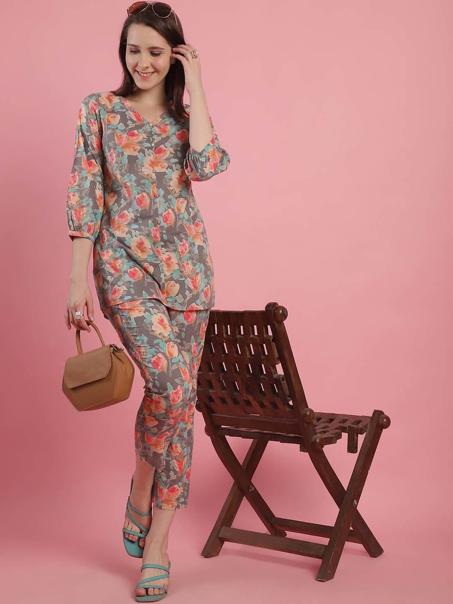 Prakrti Grey Cotton Floral Print Top Pant Set