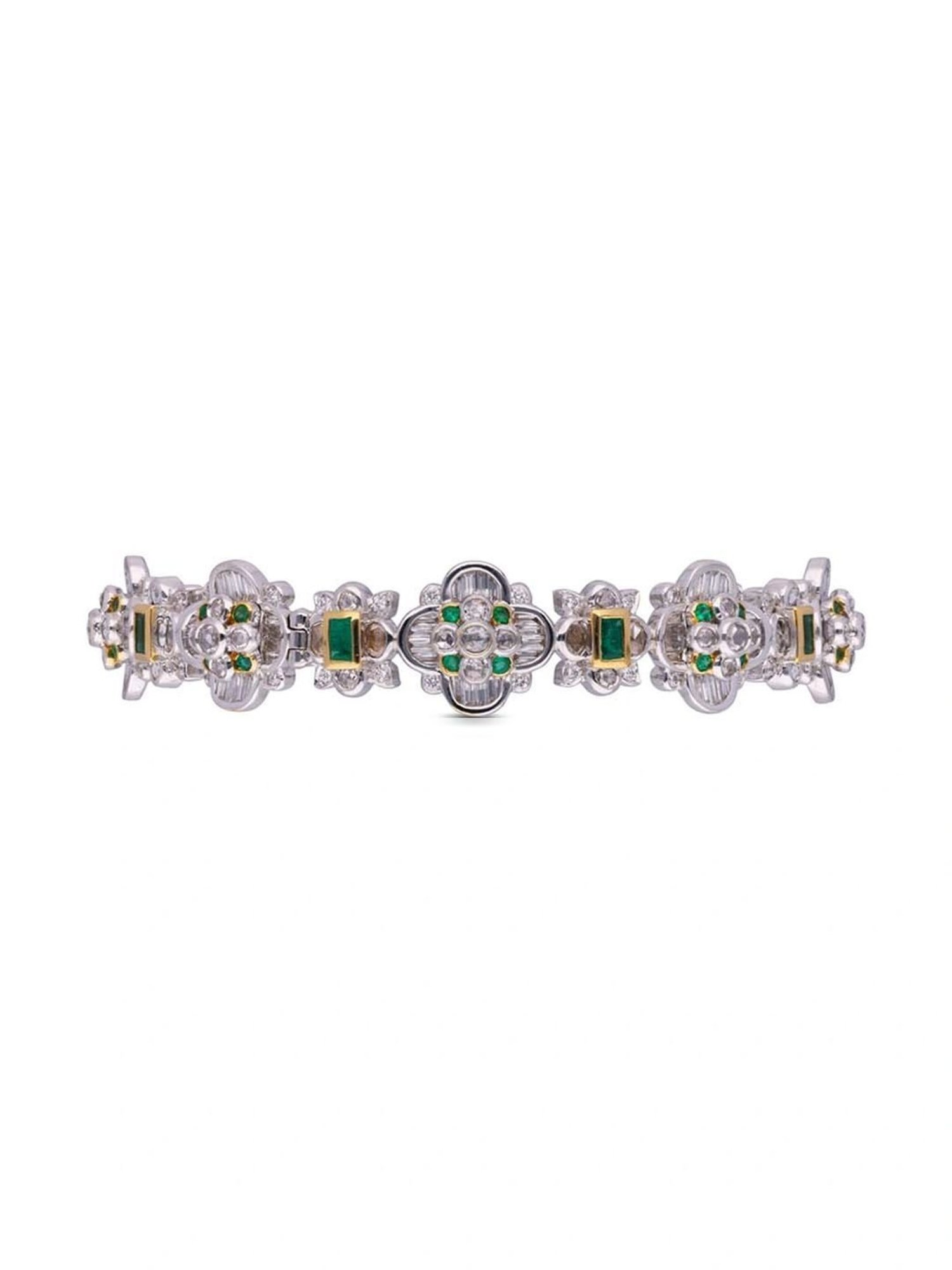 CKC Radiant Elegance: White Gold Diamond Kada Bracelet with Uncut Diamond and Emerald