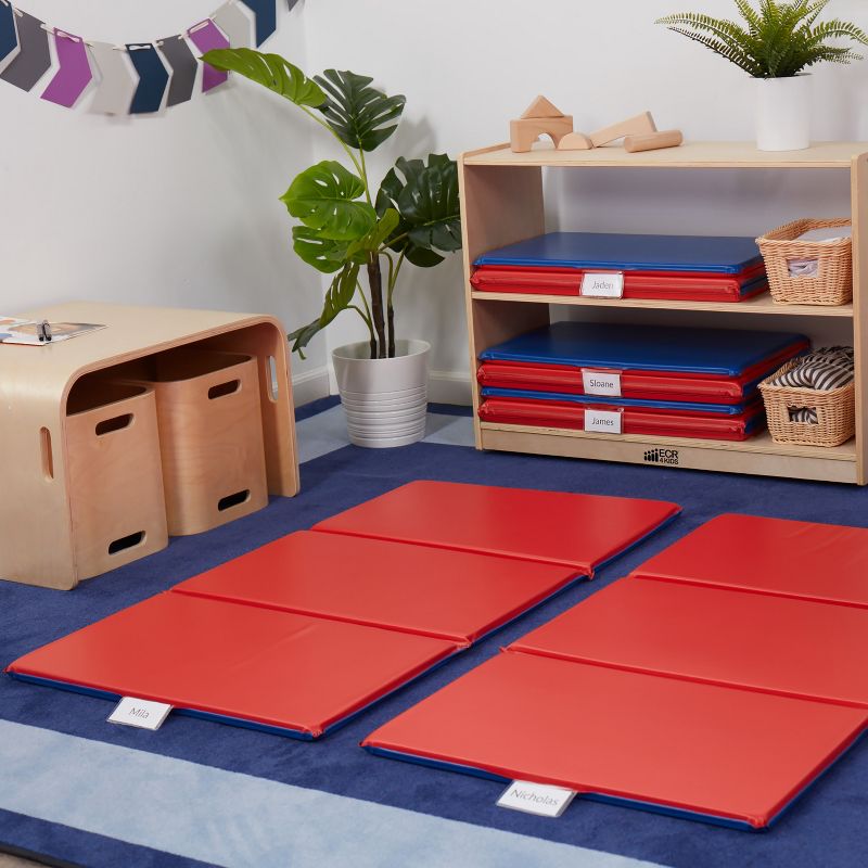 ECR4Kids Premium 3-Fold Daycare Rest Mat with Name Tag Holder, 1in Thick, 5-Pack - Red/Blue