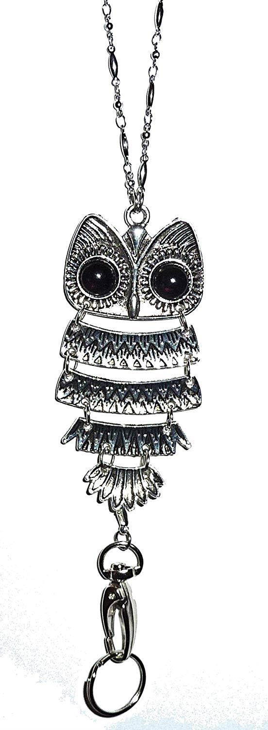 Owl Lanyard and Necklace 34" long, Women's Fashion Chain Lanyard, For Keys, Badge holder. (Silver - Magnetic Breakaway Clasp)