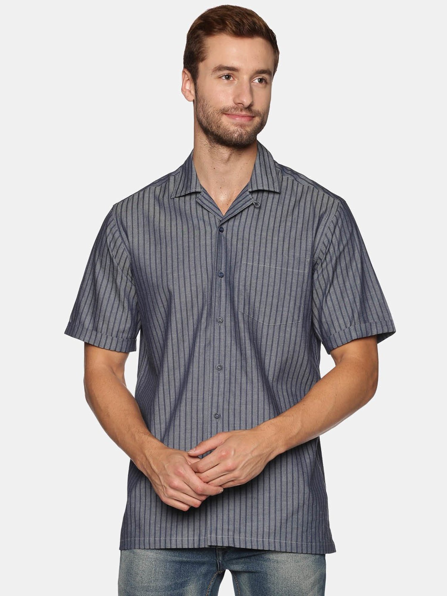 Don Vino Grey Regular Fit Striped Shirt