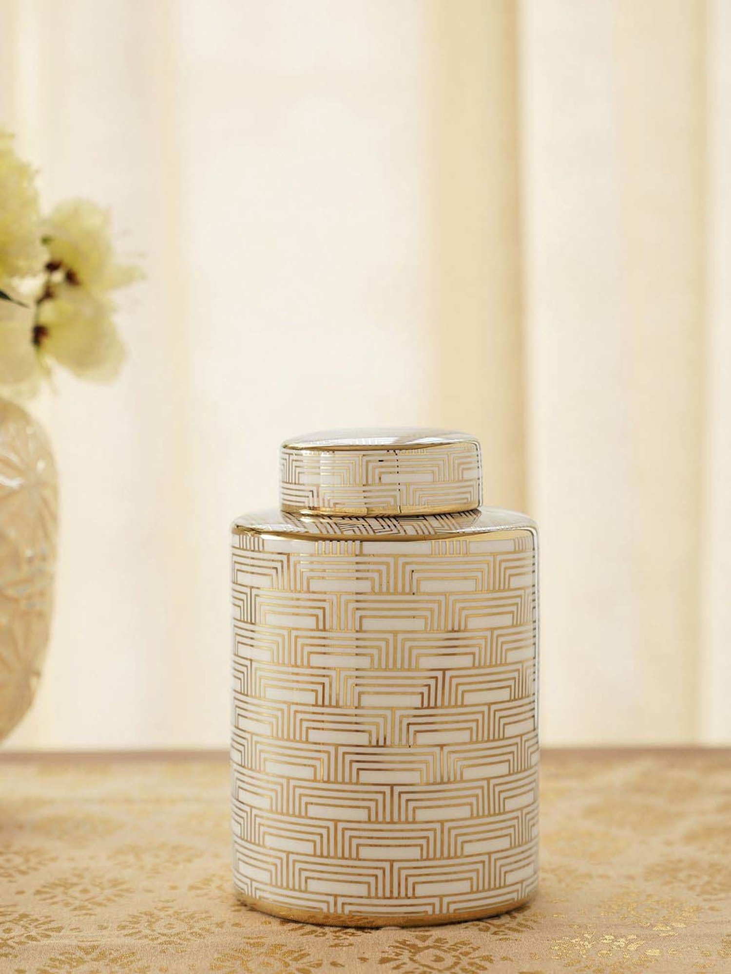 Pure Home and Living Ivory And Gold Ceramic Geometric Pattern Small Canister (1.5 L)