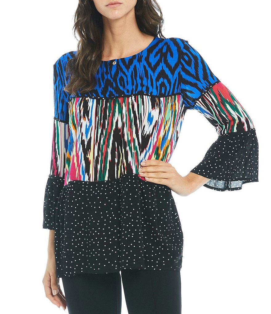 Calessa Crinkle Tiered Patchwork Abstract Print Tunic