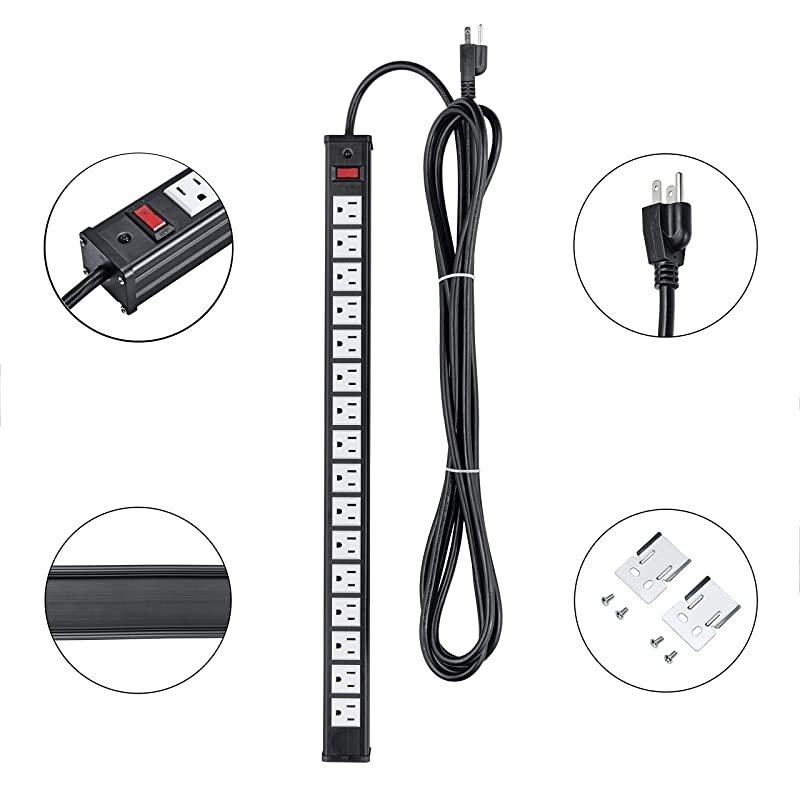Rack Mount Power Outlet 16 Outlet Heavy Duty Aluminum Socket AntiThunder Power Strip with 15Foot Extension Cord Surge Protector Duty Multi Plug Outlet with Smart Circuit Breaker White