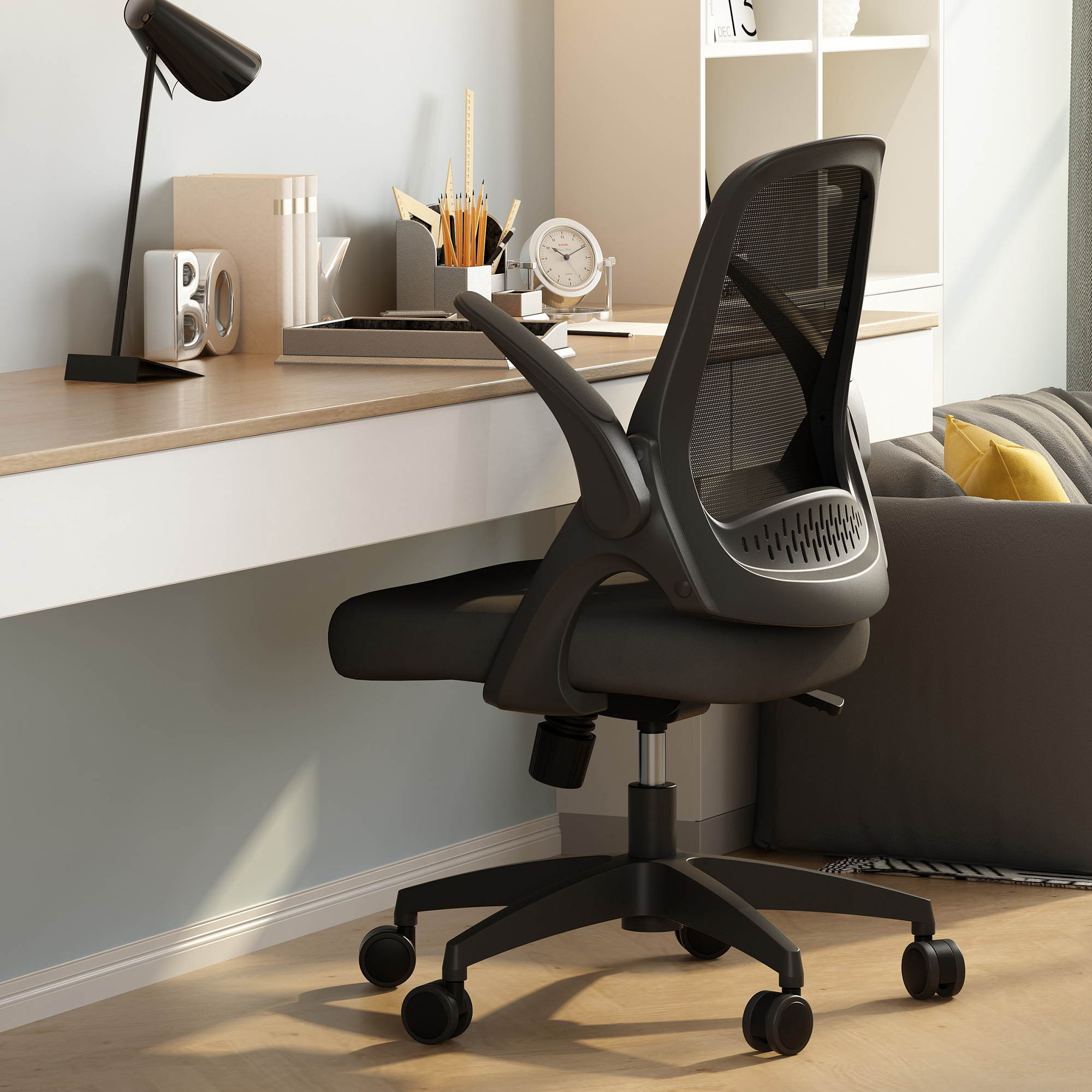 Hbada Office Task Desk Chair Swivel Home Comfort Chairs with Flip-up Arms and Adjustable Height, Black