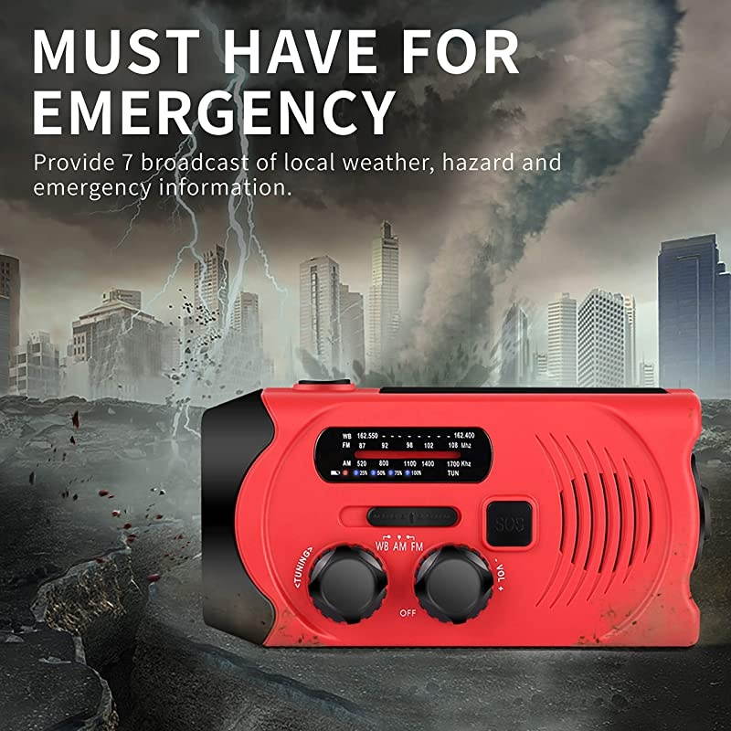 Upgraded Version]  Emergency Weather AM/FM NOAA Solar Powered Wind up Radio with SOS, 2000mAh Power Bank for Cell Phone and LED Flashlight (Red)