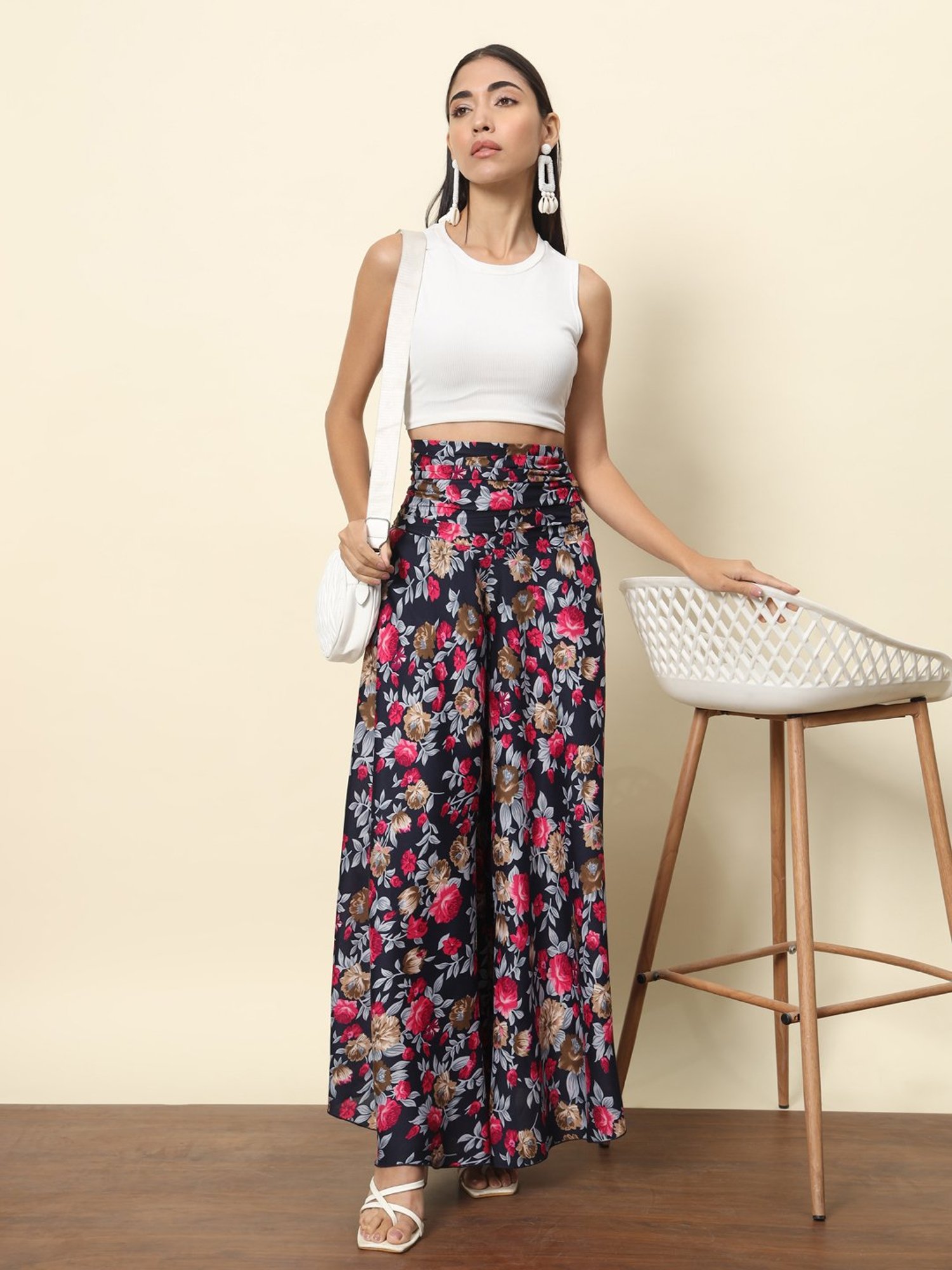 Trend Arrest Navy & Pink Floral Print High Rise Palazzos
