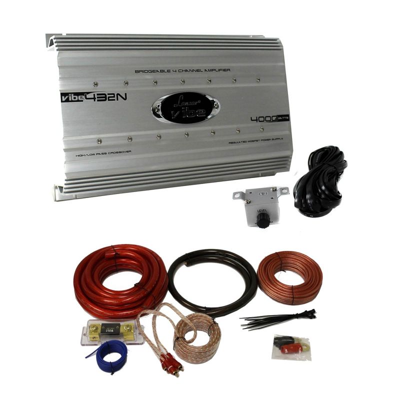 Lanzar 4000 Watt 4 Channel Bridgeable Car Audio Amplifier + 0 Gauge Wiring Kit