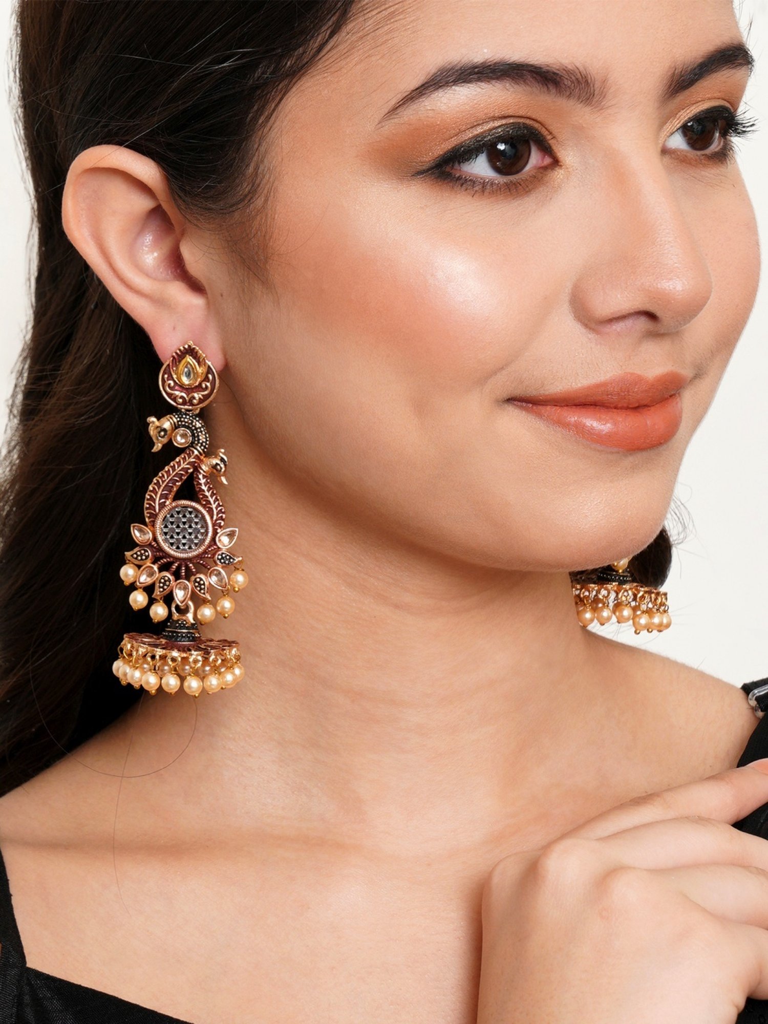 Karatcart Antique Gold-Plated Kundan Studded Maroon Meena Peacock Flat Jhumki Earrings for Women
