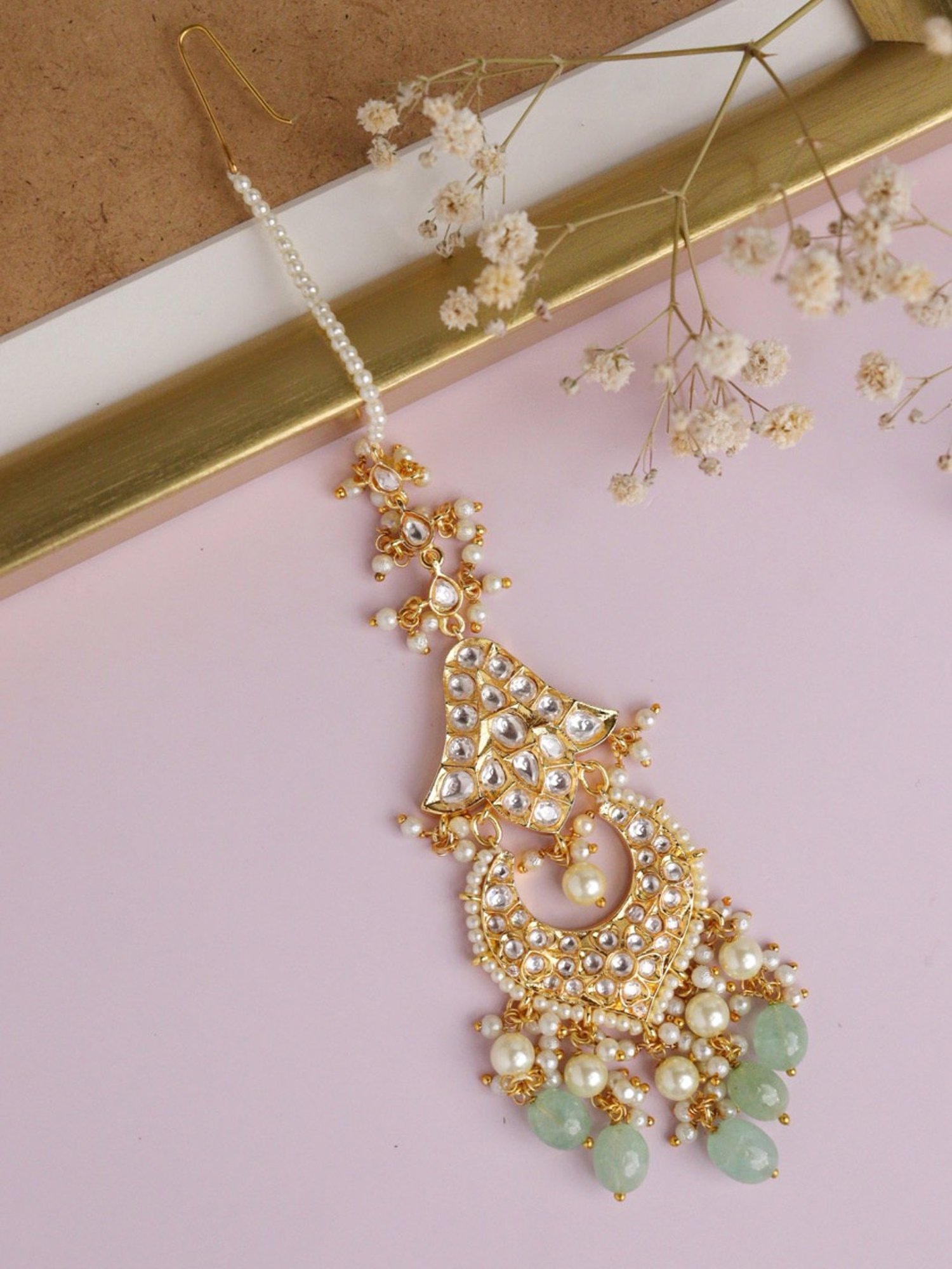 Curio Cottage Bridal Drops of Green Kundan Maang Tikka