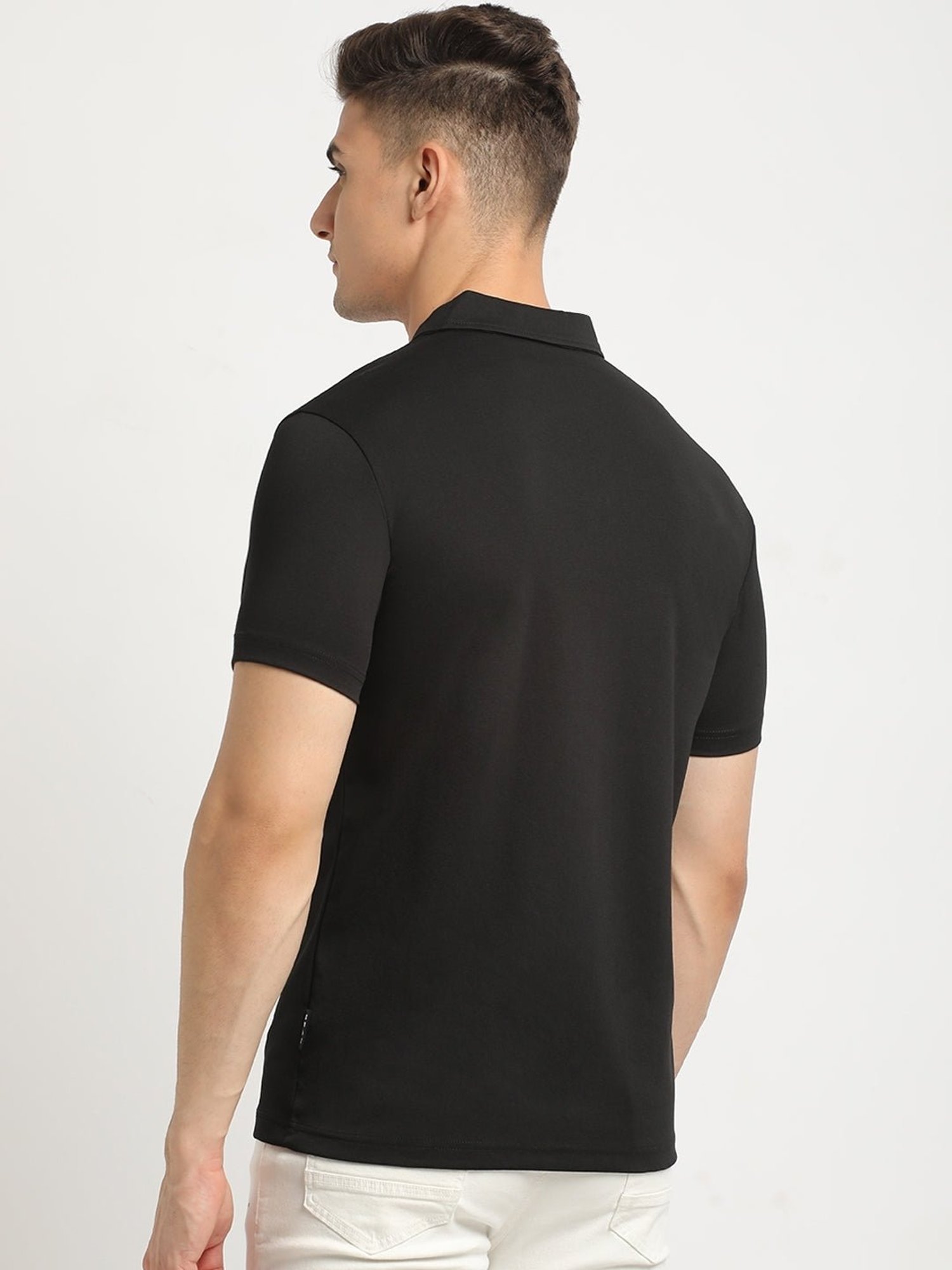 The Bear House Black Slim Fit Self Pattern Polo T-Shirt