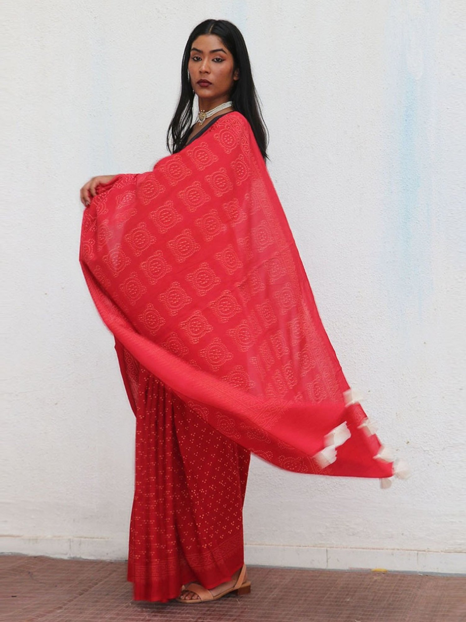 Chidiyaa Red Fly Me to the Moon Colossus Handblockprinted Cotton Saree