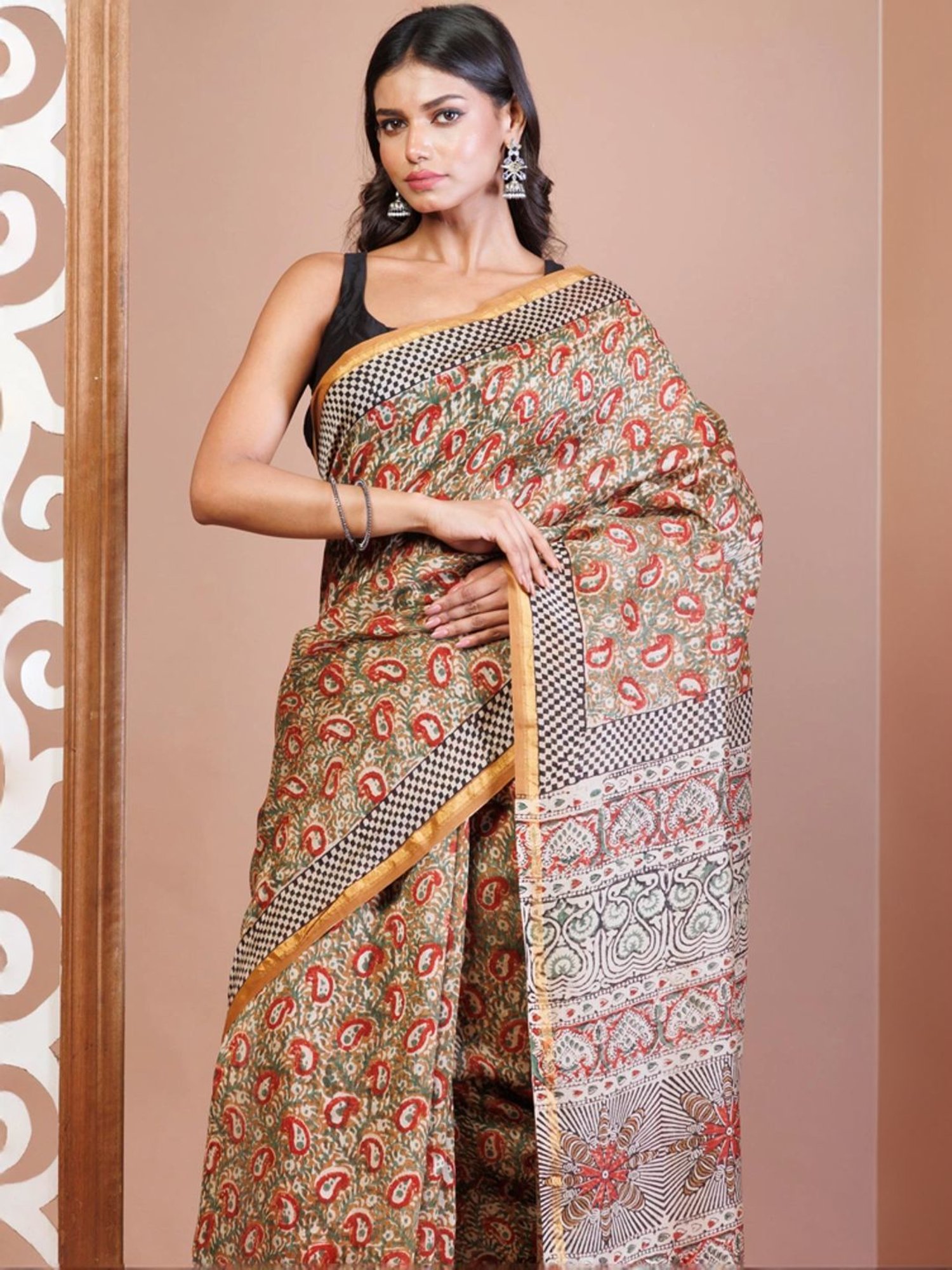Unnati Silks Brown Printed Saree With Unstitched Blouse