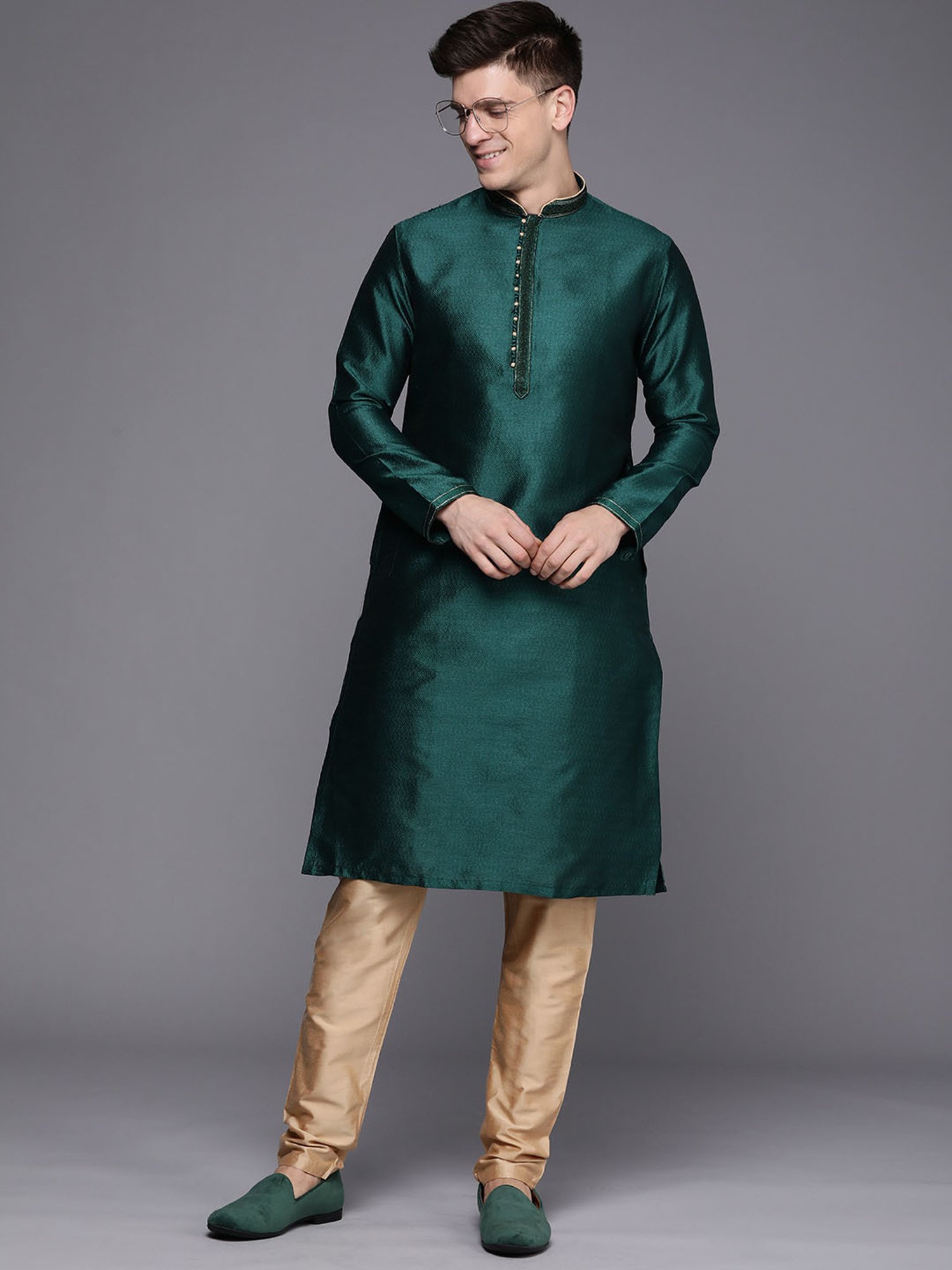 Manyavar Dark Green Regular Fit kurta with Churidar Set
