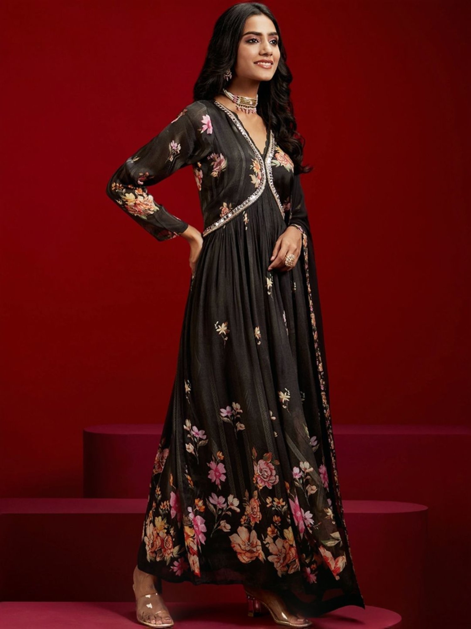 Libas Art Black Floral Print Kurta Pant Set With Dupatta