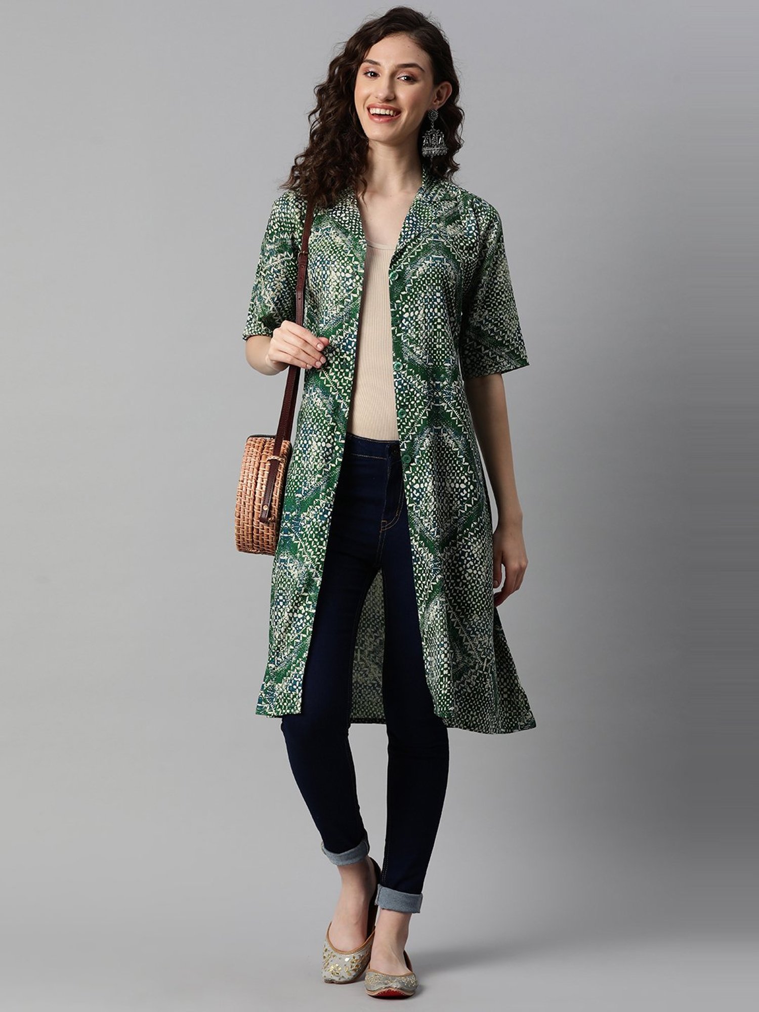 Indibelle Green Printed Long Shrug