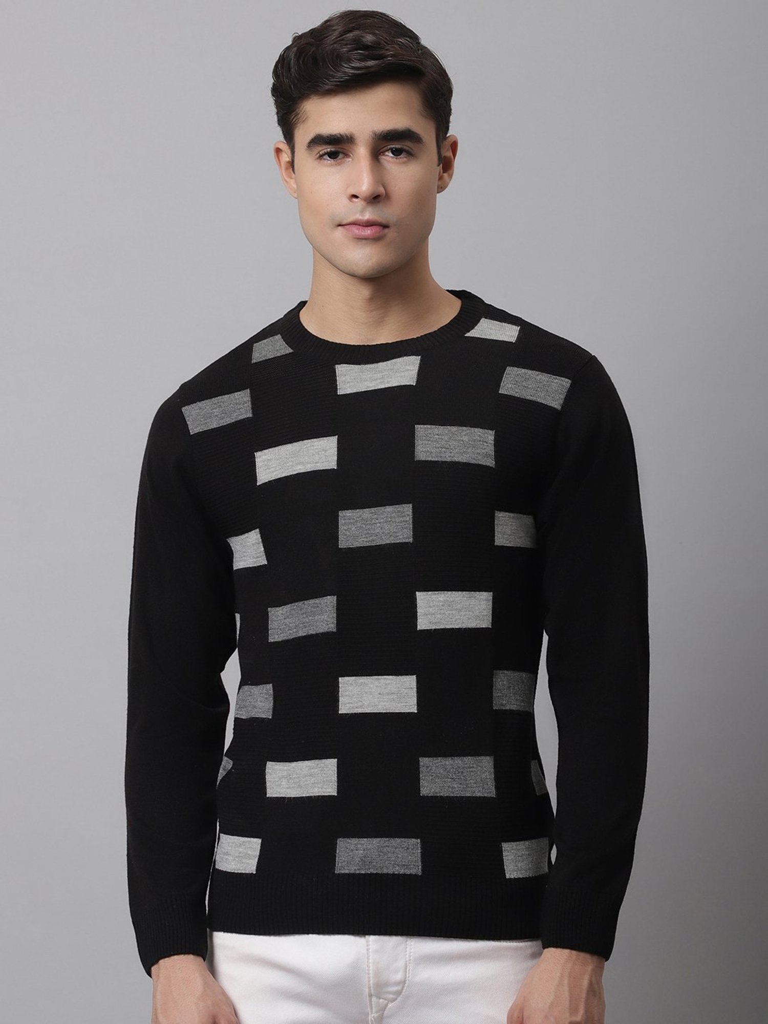 Cantabil Black Regular Fit Geometric Print Sweater