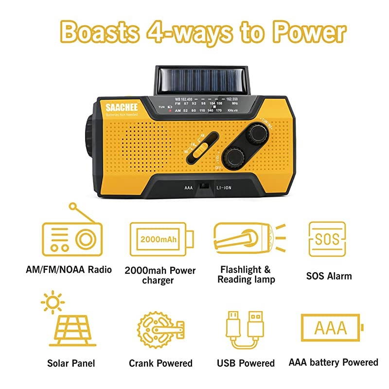 Solar Radio Hand Crank Portable Radio NOAA Weather Radio for Household and Outdoor Emergency with AMFM LED Flashlight Reading Lamp 2000mAh Power Bank USB Charger and SOS SirenFlashing