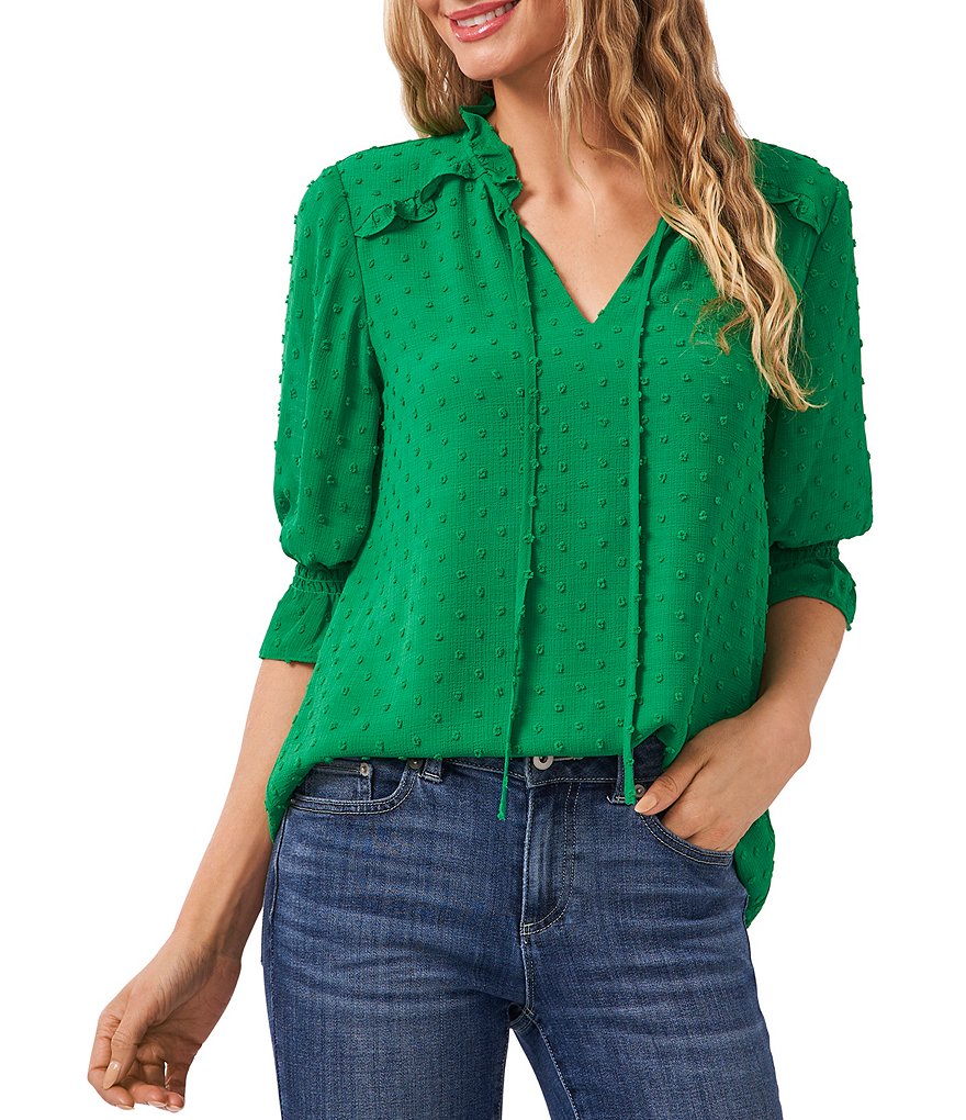 CeCe Split Neck Elbow Sleeve Clip Dot Chiffon Blouse