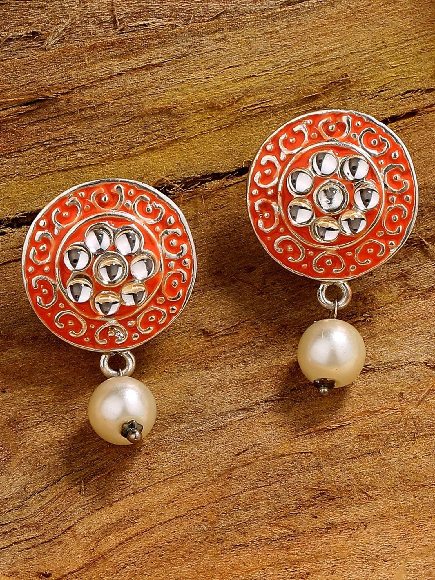 Estele Rhodium-Plated Stunning Meenakari Pearl Drop Earrings