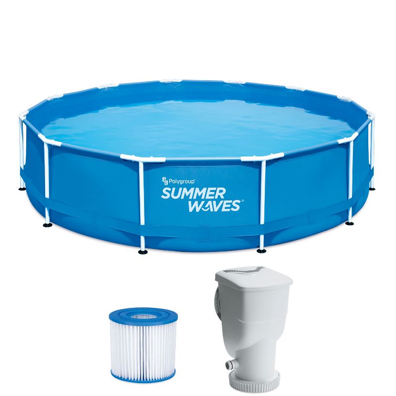 Summer Waves P2001230A156 Active Metal Frame 12ft x 30in Round Above Ground Swimming Pool Set with SkimmerPlus Filter Pump