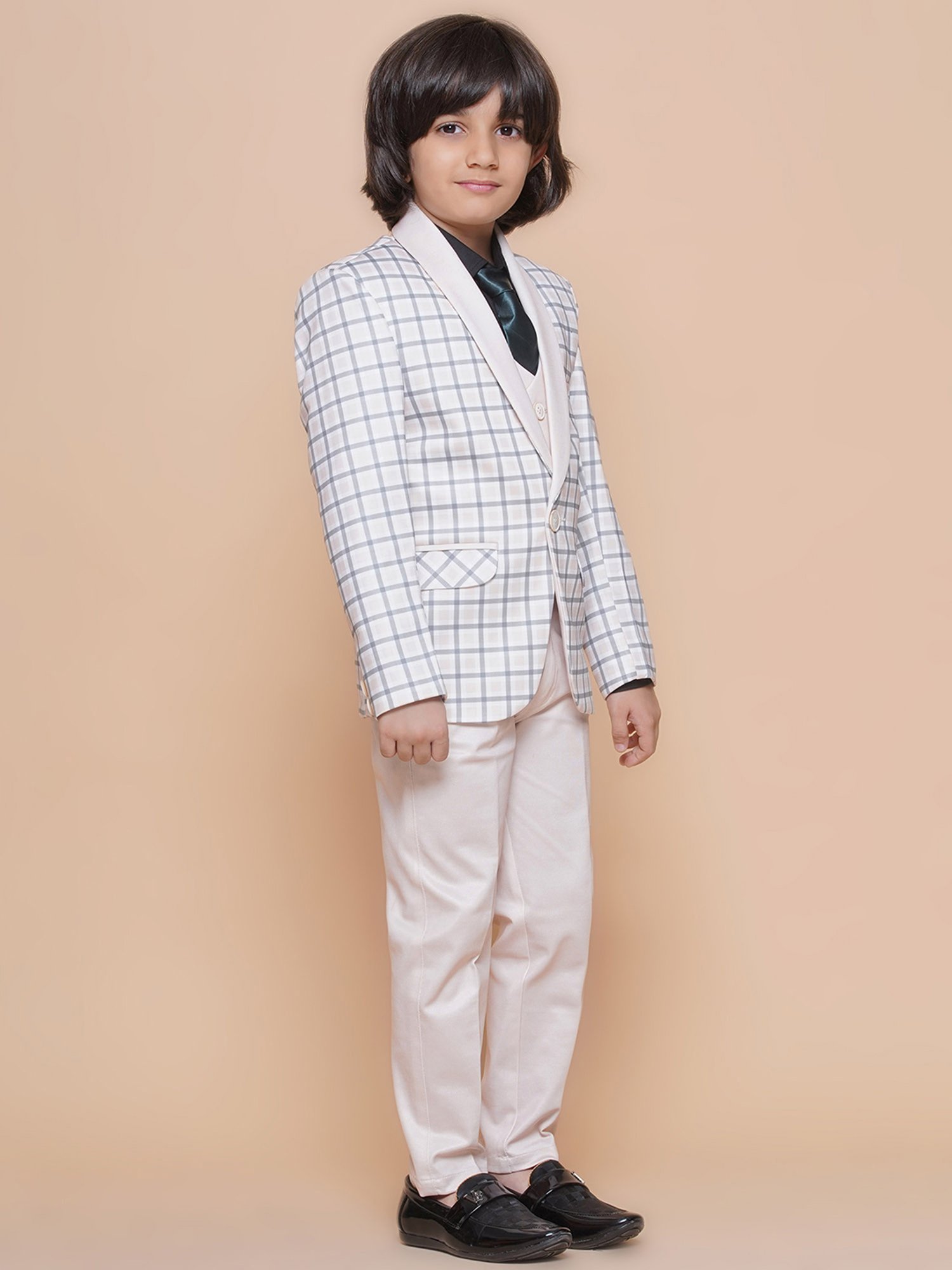 AJ Dezines Kids Sky Blue & Black Solid Full Sleeves Shirt, Pants, Coat, Waistcoat with Tie