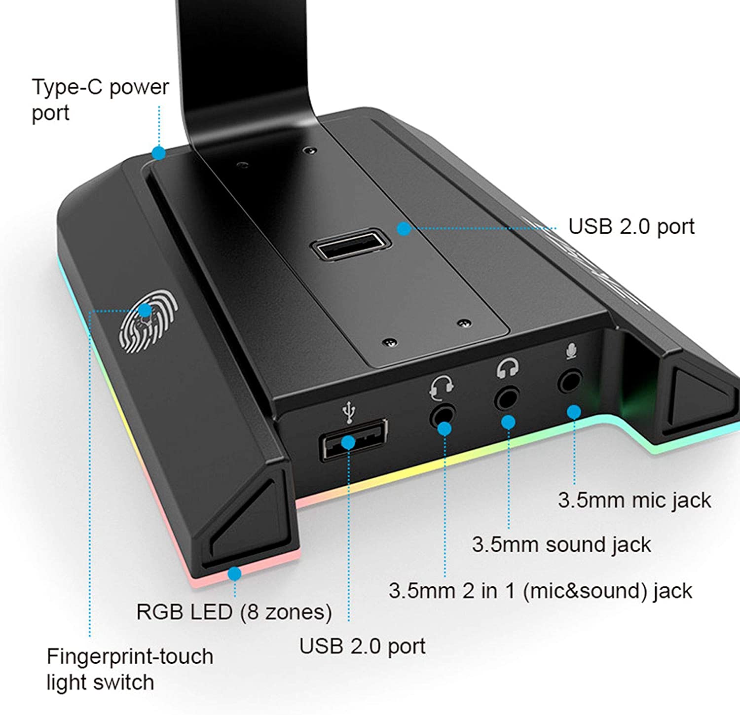 Gaming Headset Stand Holder, Aluminum RGB 7.1 Surround Sound Headphone Headset Stand Holder Hanger Hook with USB Charger and 3.5mm AUX Port Universal