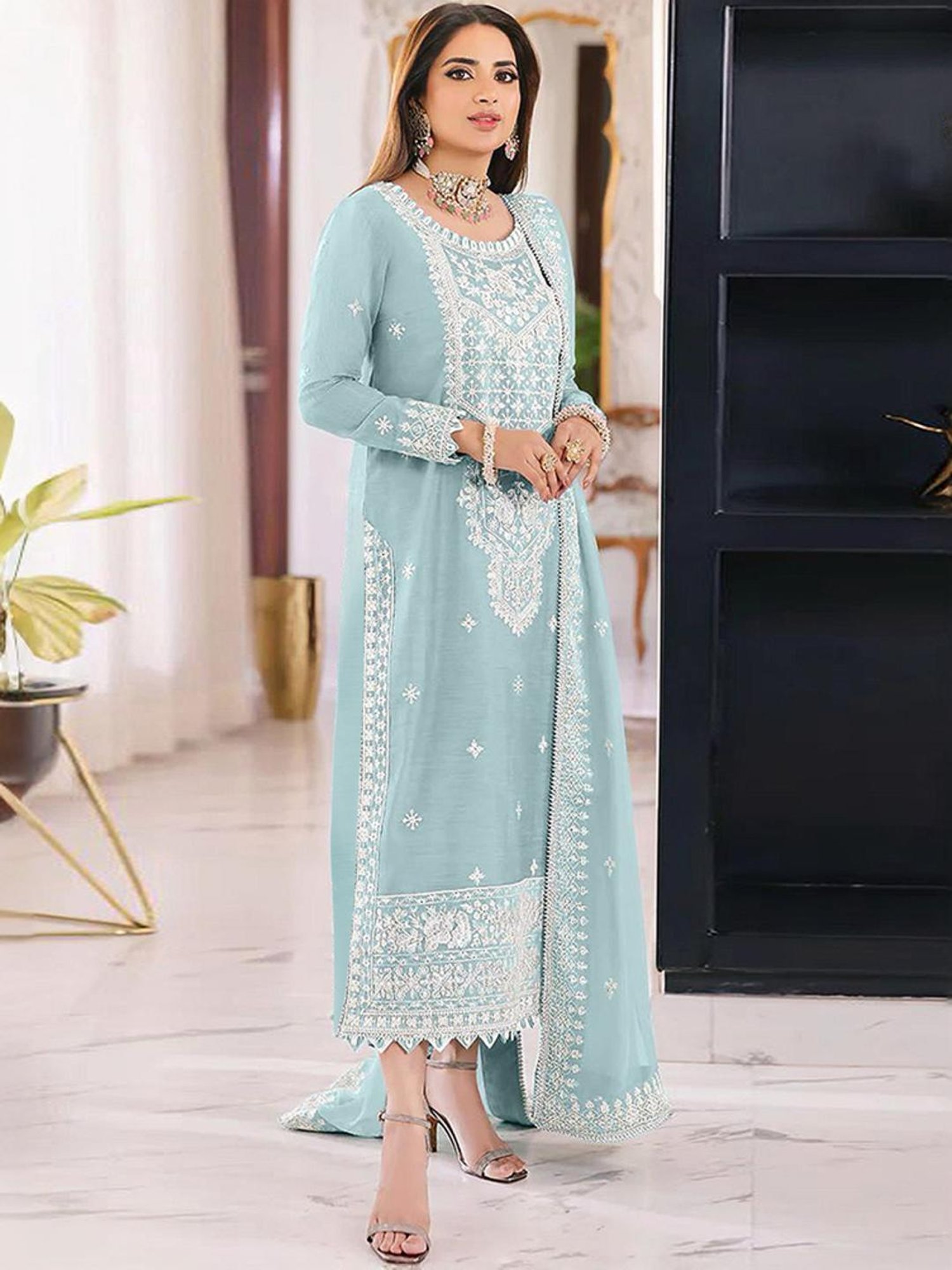 Odette Blue Embroidered Unstitched Dress Material