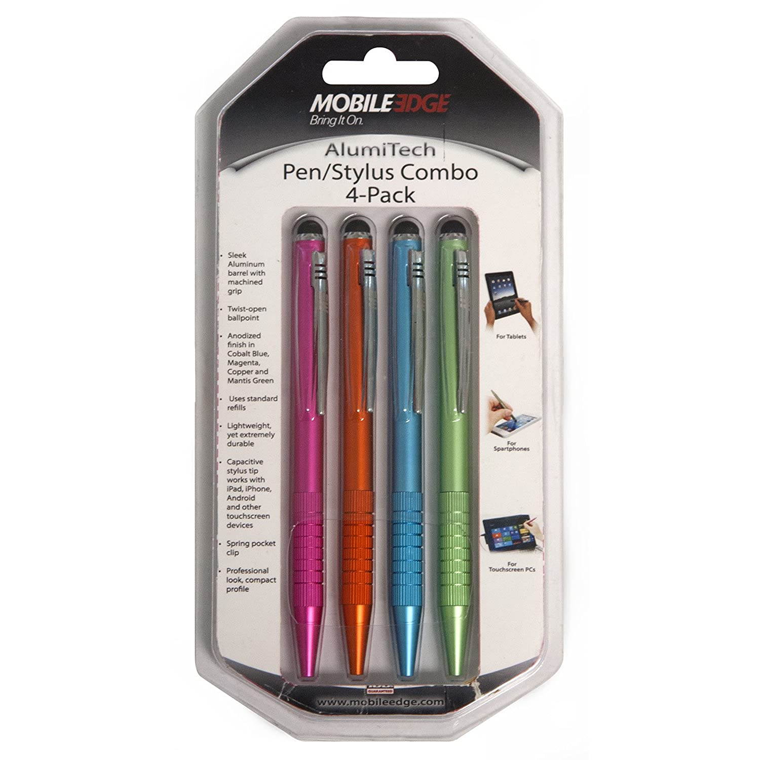 Mobile Edge AlumiTech Tablet and Touch Screen Capacitive Stylus and Ballpoint Pen Combo, 4 Pack Multi-Colors, Aluminum Barrel with Machined Grip MEASPA4