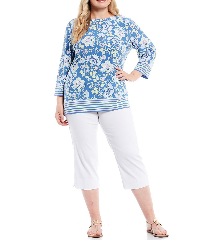 Ruby Rd. Plus Size Floral Puff Border Print Boat Neck 3/4 Sleeve Top