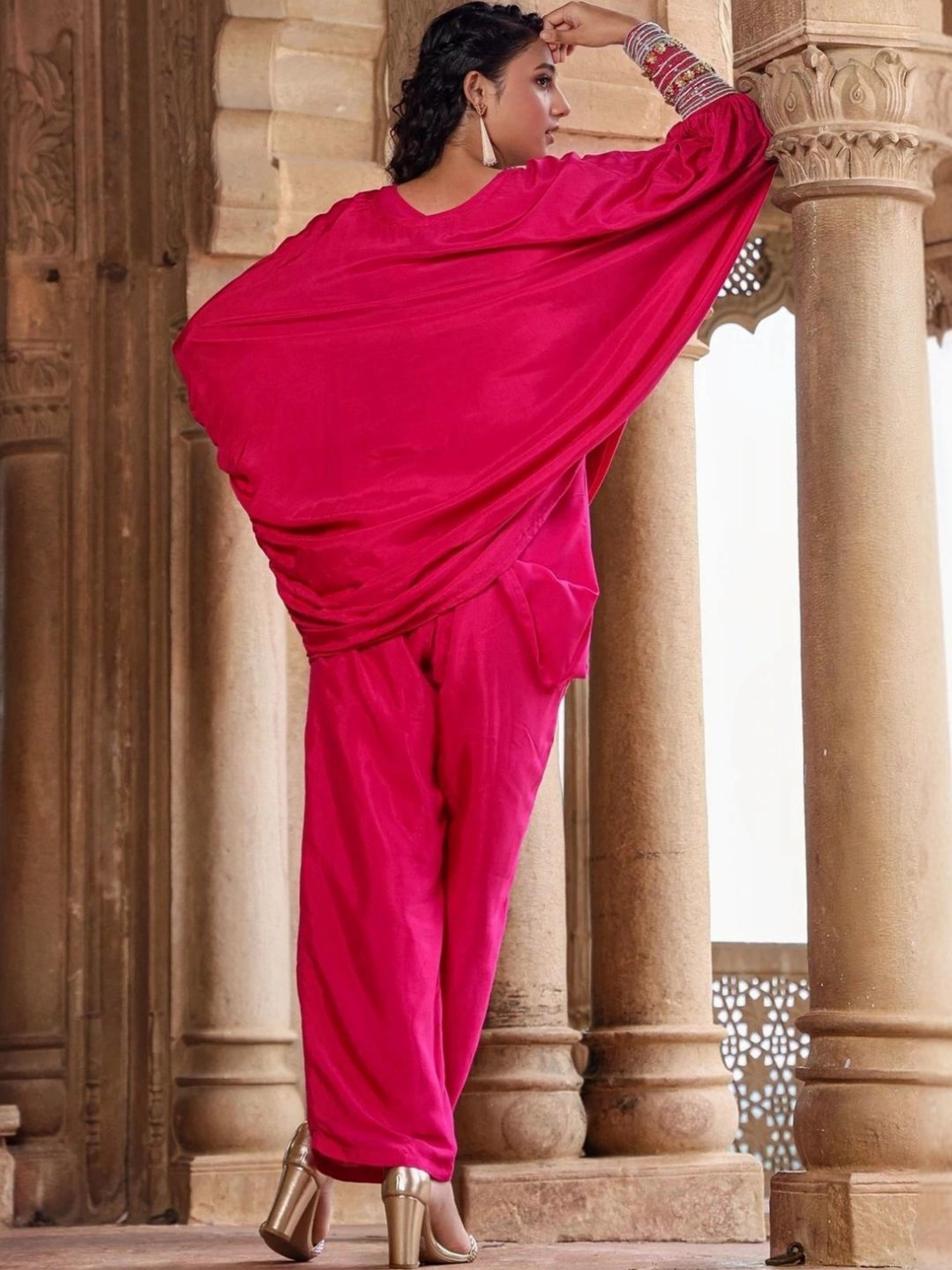 Scakhi Pink Muslin Silk Poncho Co-Ord Set With Trouser And Camisole