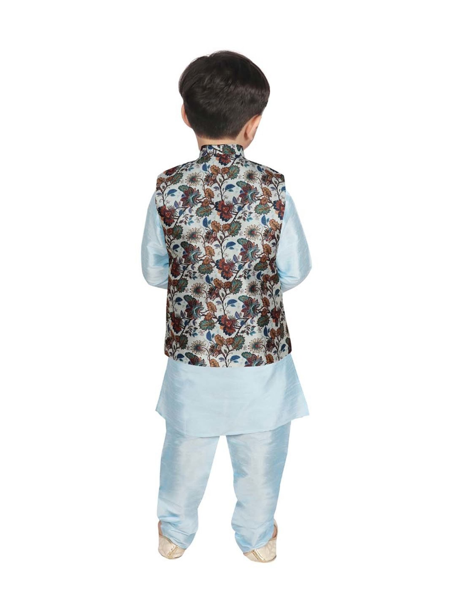 SG Yuvraj Kids Grey & Blue Floral Print Full Sleeves Kurta Set