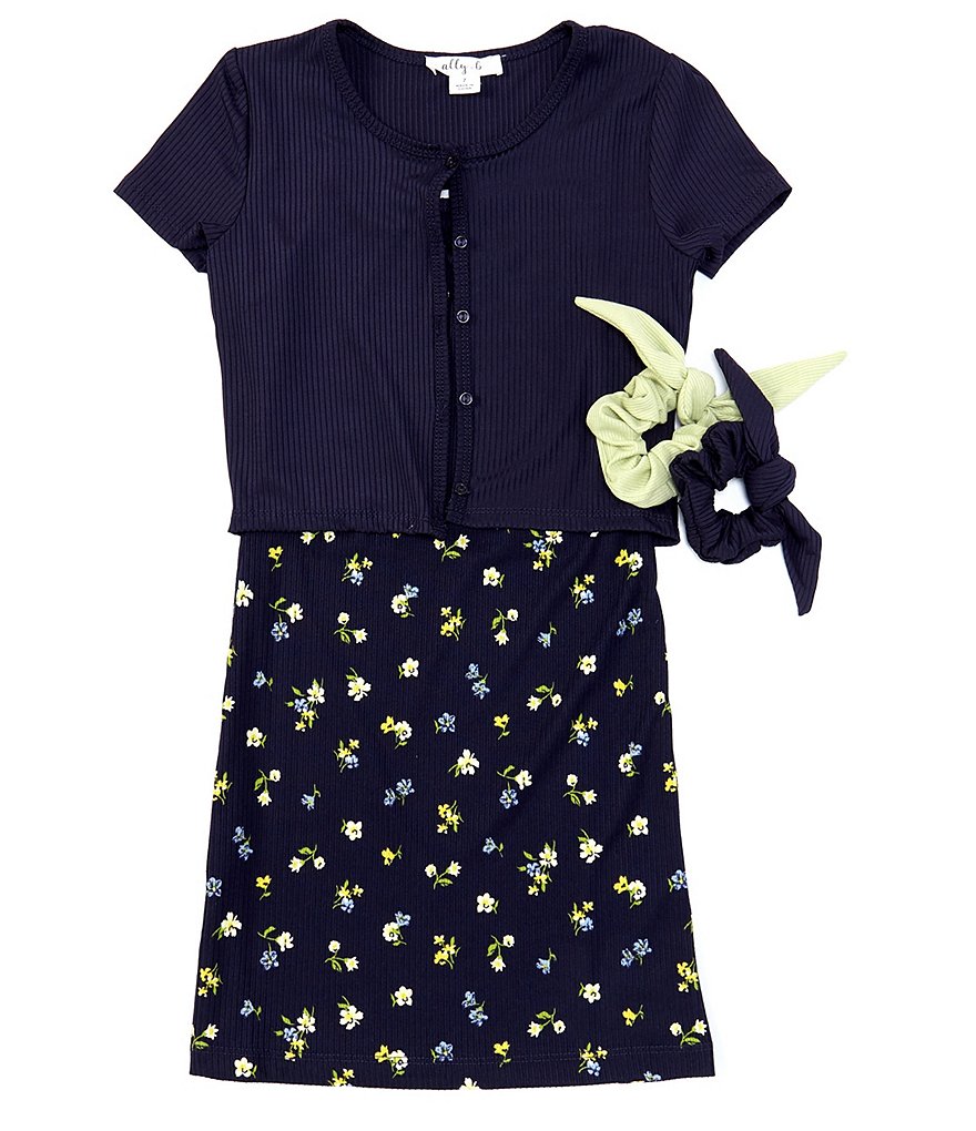 Ally B Big Girls 7-16 Solid Short-Sleeve Cardigan & Sleeveless Floral-Printed A-Line Dress Set