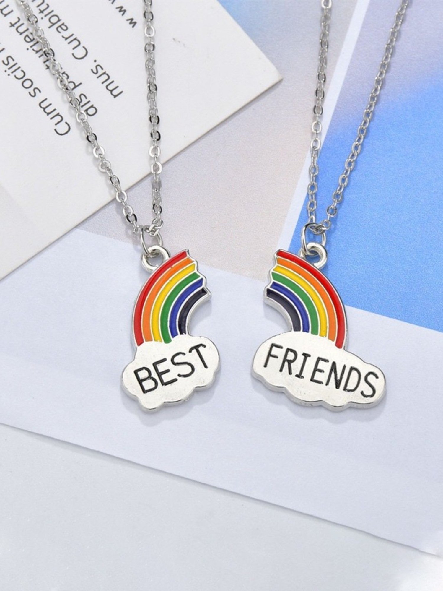 YouBella Jewellery Silver Plated Rainbow Best Friends Necklace Chain for Girls and Women - Set of 2
