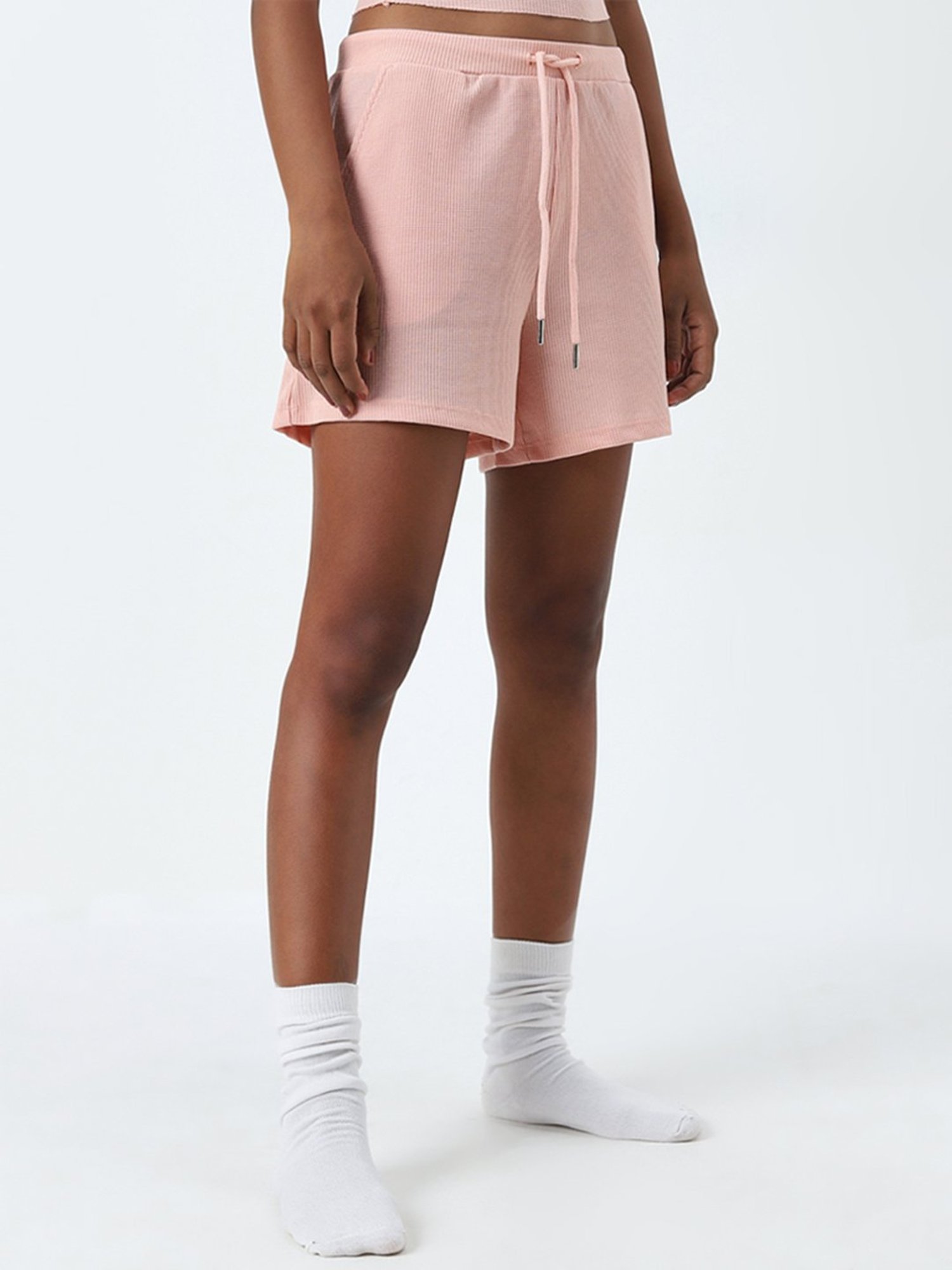 Superstar by Westside Peach Waffle Textured High-Rise Shorts
