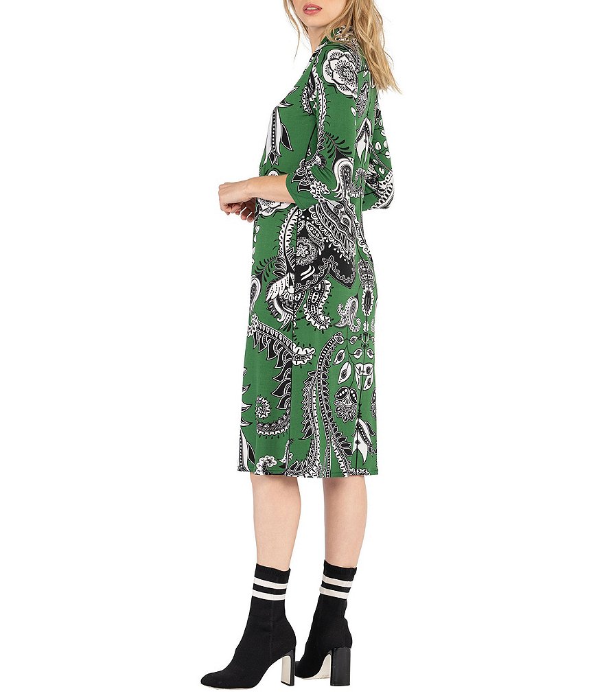 Eva Varro Bandana Print V-Neck 3/4 Sleeve Jersey Knit A-Line Dress