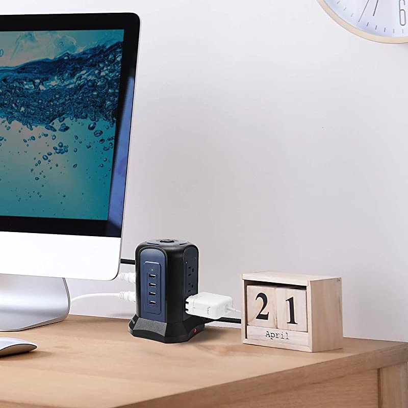 98Ft White Surge Protector Power Strip Tower 18AWG 10A Long Extension Cord with 9 AC Outlets 4 USB Ports Charging Station for Multiple Devices Fireproof Outlet for Home School Office