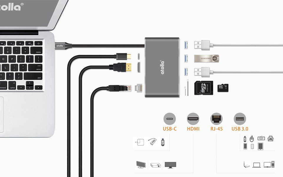Atolla 8-in-1 USB C HDMI Hub and Ethernet- USB C hub Type C Hub- LAN port | 3 * USB3.0 port | 4K HDMI output | PD| SD card / Micro SD card reader
