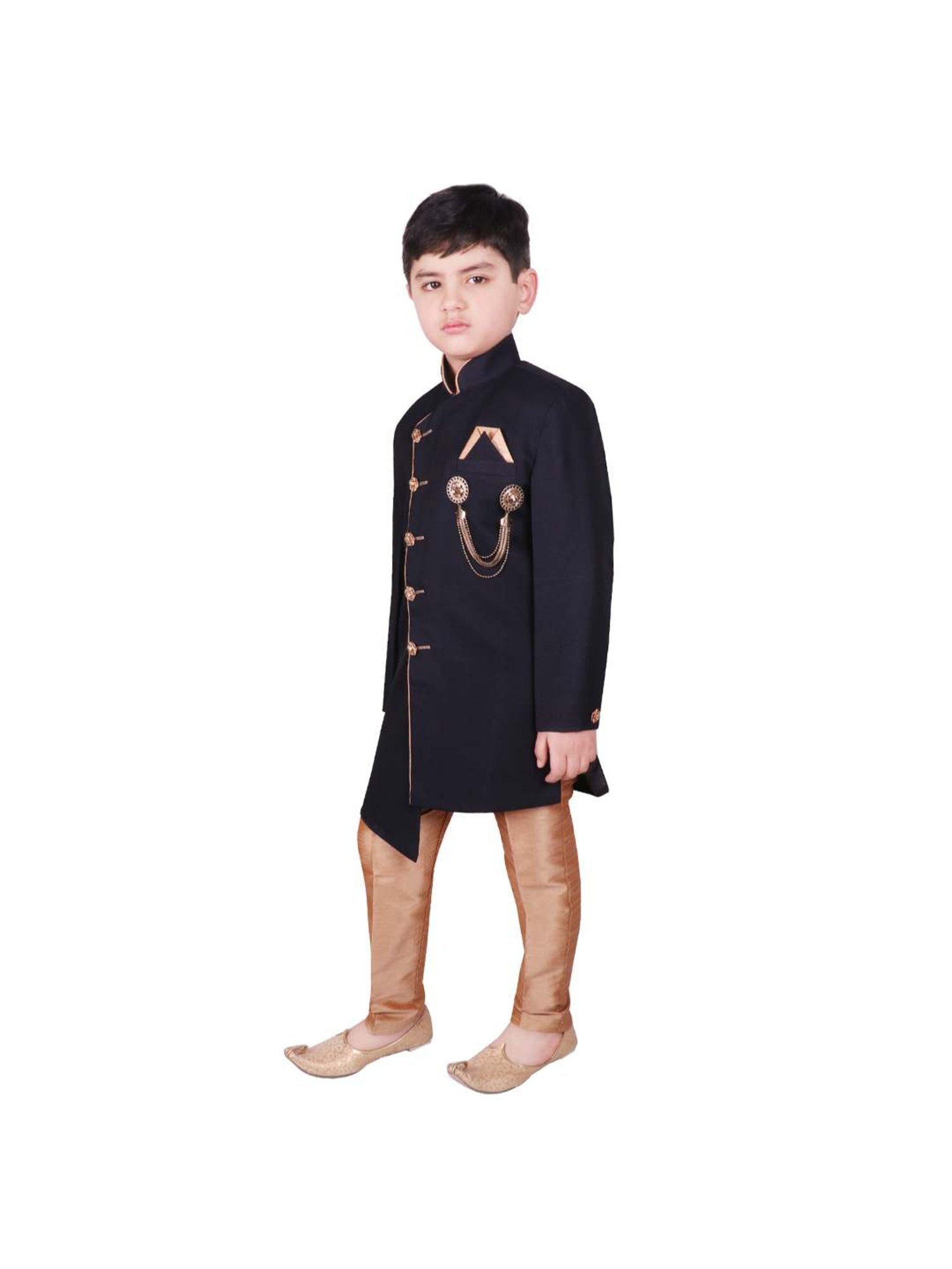 SG Yuvraj Kids Navy & Brown Solid Sherwani with Pyjama