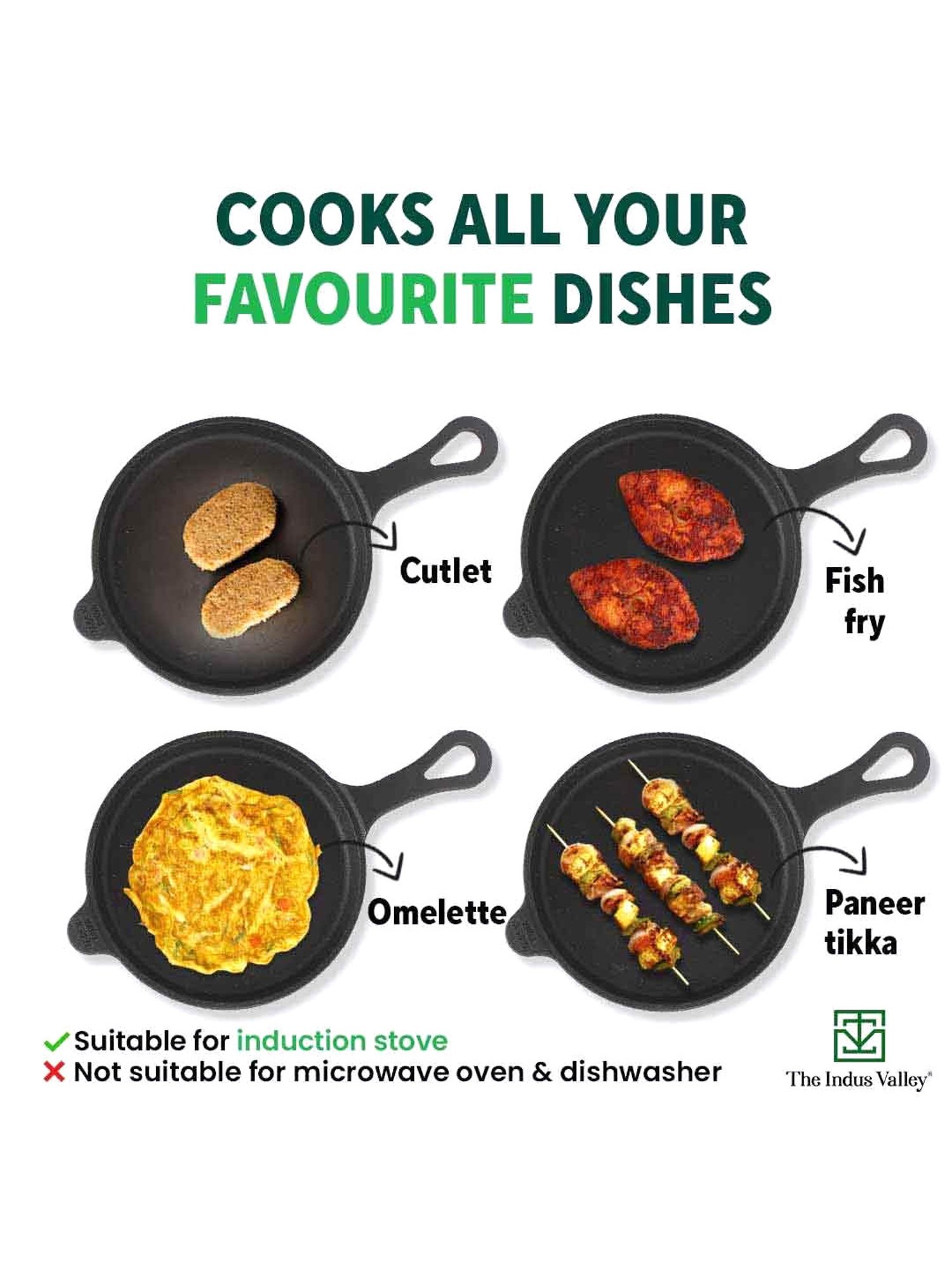 The Indus Valley Black Cast Iron Shallow Fry Pan with Long Loop Handle (25cm)