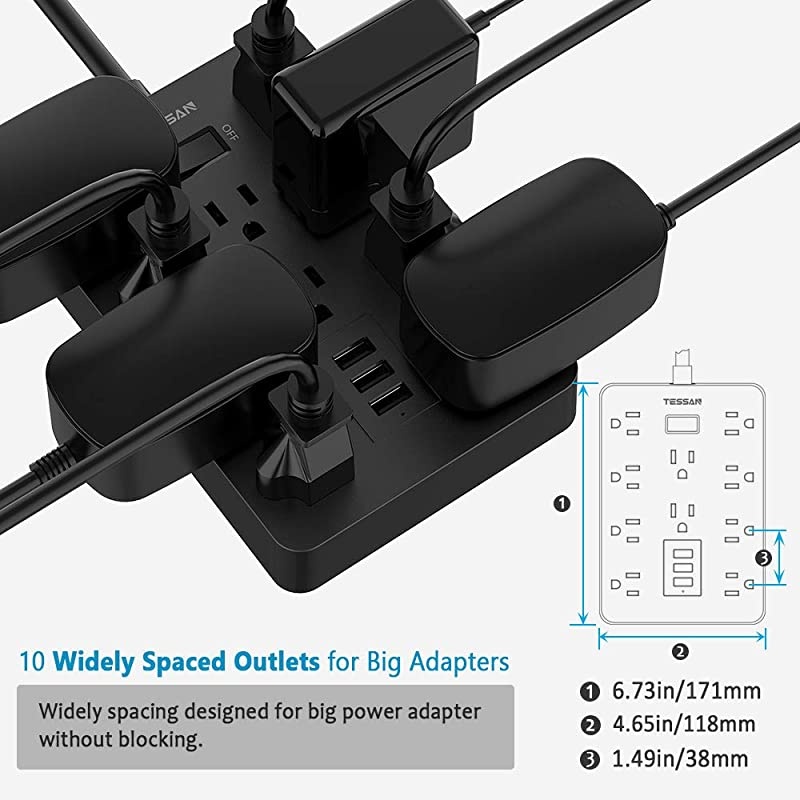 Surge Protector with USB  Power Strip Flat Plug with 10 Widely Spaced AC Outlets and 3 Charging Ports 1875W 15A 5FT 1700 Joules Wall Mount Extension Cord for Home and Office Black