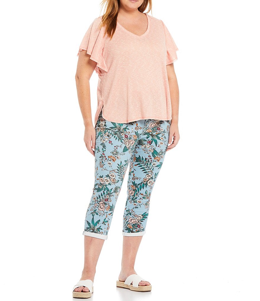 Code Bleu Plus Size Flourish Bloom Print Classic Capri Jeans